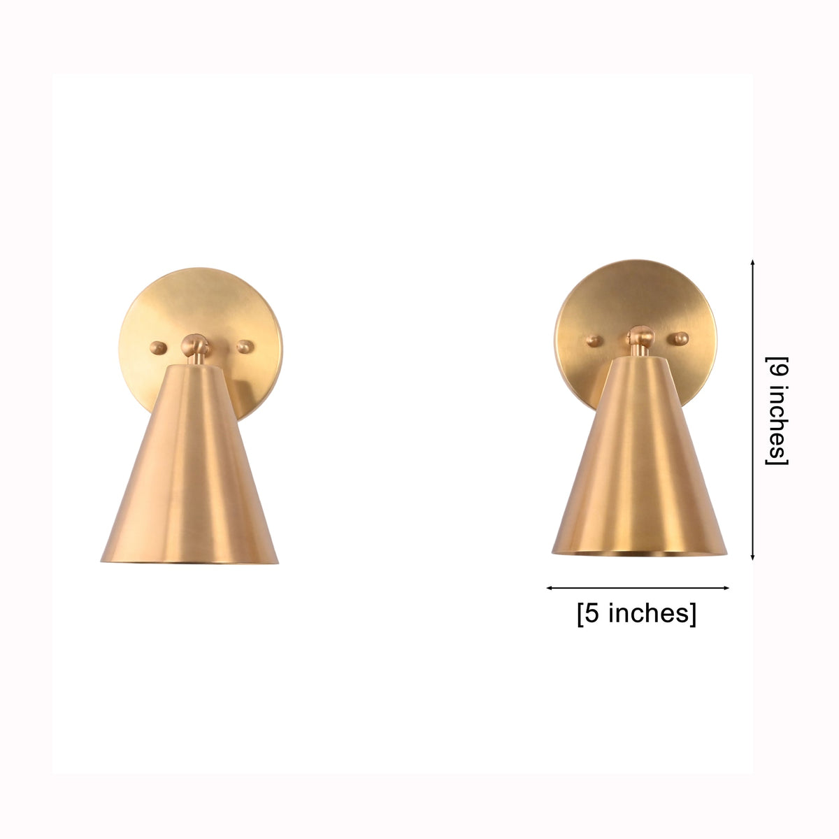 Two brass cone-shaped wall sconces shown on a white background with dimension labels indicating 9 inches height and 5 inches width.