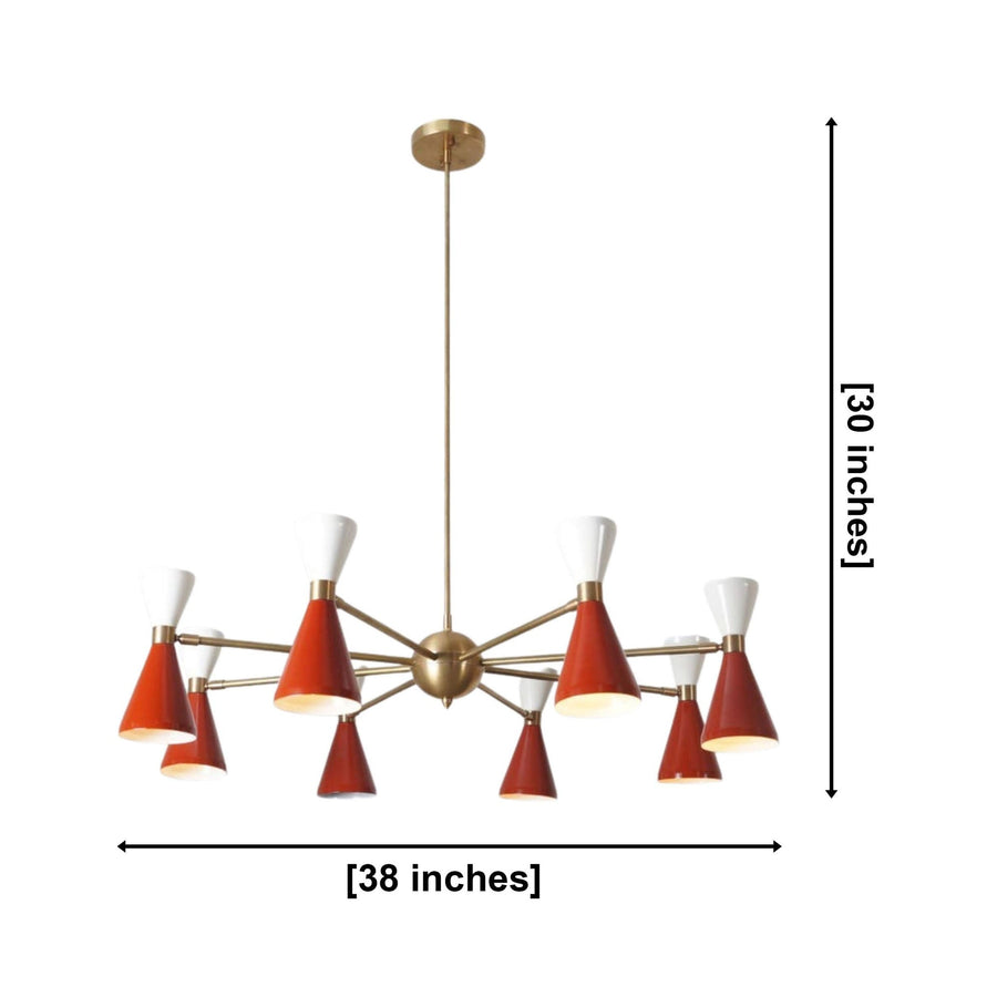 Milan 16 light vermilion and white cone chandelier displayed above a Mid-Century Modern dining table in a warm interior
