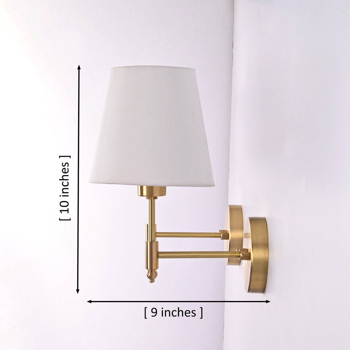 Size guide for Milan White Shade Brushed Brass Swing Arm Wall Sconce – 1 Light – 10 Inch – Model 32672