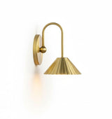 entered symmetrical view of modern pleated brass wall sconce with dome shade and curved arm