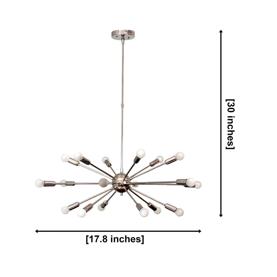 Monaco 18 light black Sputnik chandelier illuminated above a round dining table in a modern evening dining room.