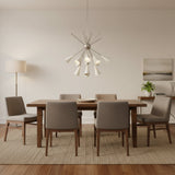 Montpellier 12 light Mid-Century Modern Sputnik chandelier featuring white tapered cone shades and a silver-tone metal frame.