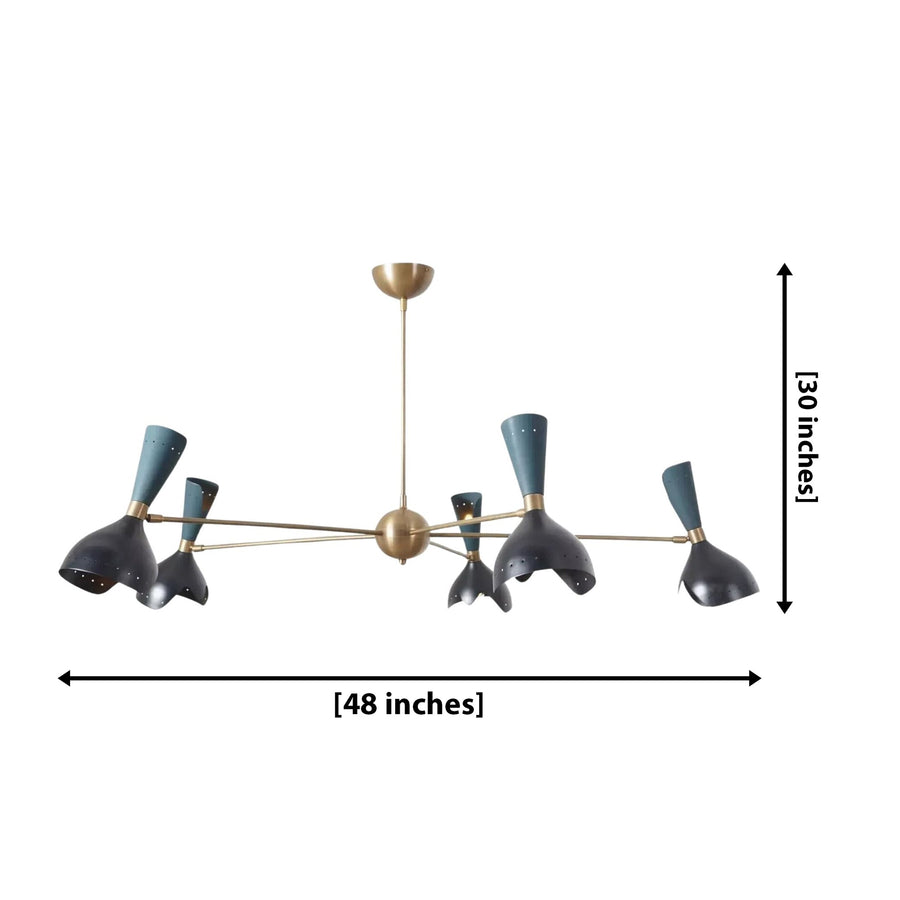 Mykonos 10 light brass tone multi-arm chandelier with dark black and muted blue-green sculptural shades displayed in a bright contemporary living room.