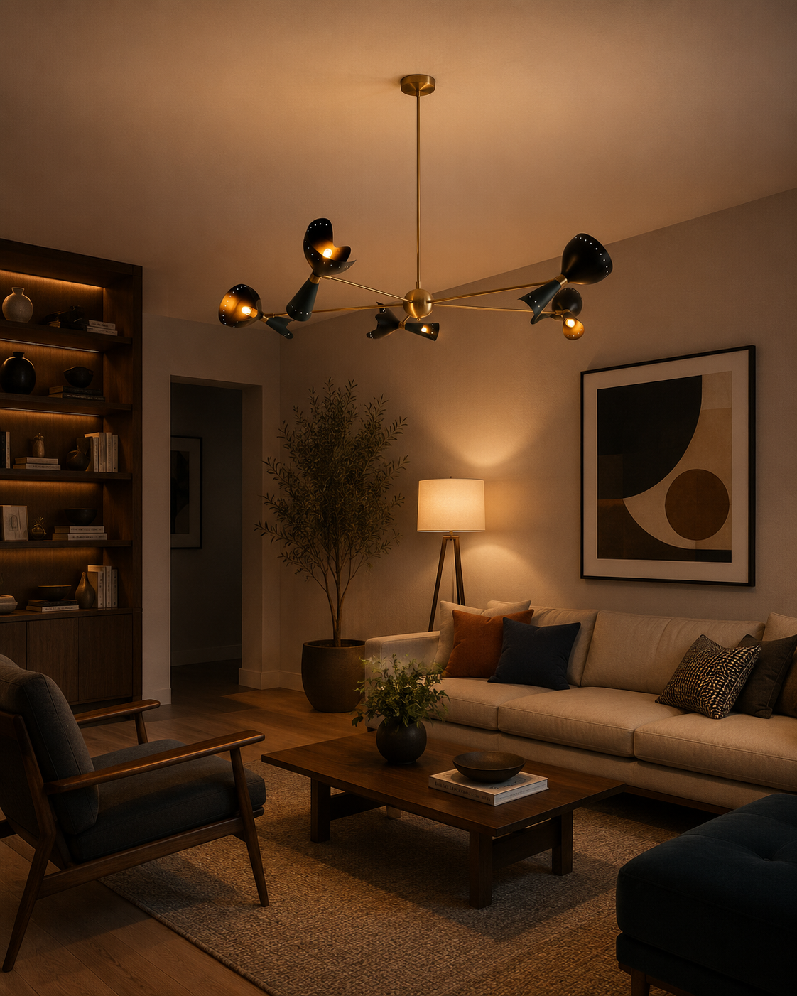 Mykonos 10 light brass tone chandelier displayed in a warm evening living room with illuminated sculptural shades and ambient lighting.