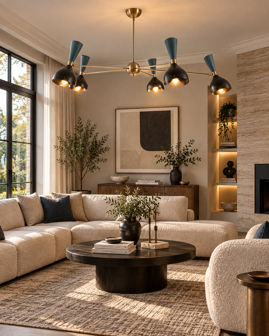 Mykonos 10 light brass tone multi-arm chandelier with dark black and muted blue-green sculptural shades displayed in a bright contemporary living room.