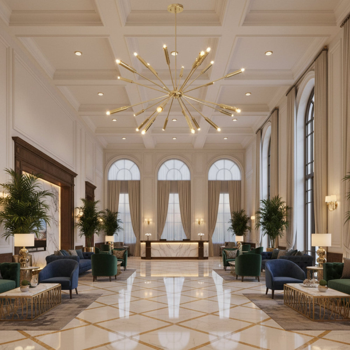 Nantes 24 light brass tone Sputnik chandelier shown with round ceiling canopy, downrod, radial arms, and cylindrical bulb holders.