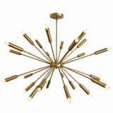 Nantes 24 light brass tone Sputnik chandelier shown illuminated with exposed candle bulbs and an expansive starburst silhouette.