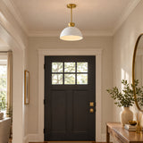Naxos 1 light white dome pendant shown from an angled lower view with brass-tone downrod and round ceiling canopy.