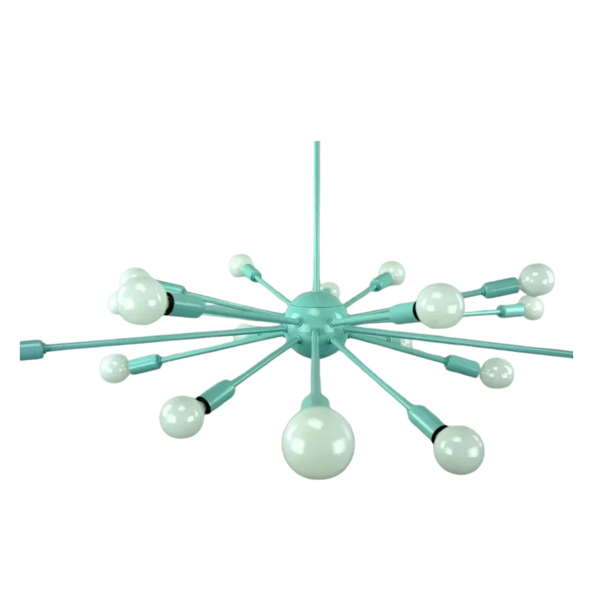 Newport 18 light Sputnik chandelier shown from below highlighting the aqua central hub, radial arms, and exposed globe bulbs.