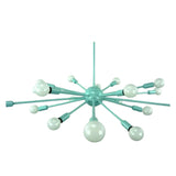 Newport 18 light Sputnik chandelier shown from below highlighting the aqua central hub, radial arms, and exposed globe bulbs.