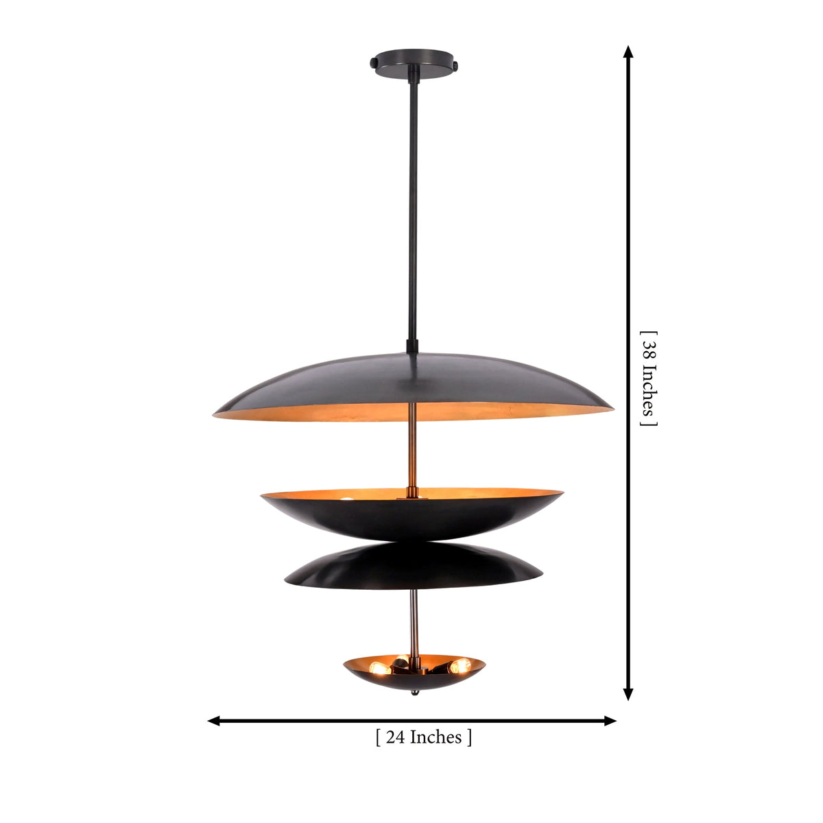 Noir Tiered Disc Chandelier shown with 24 inch width and 38 inch overall height dimensions.
