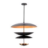 Front view of Noir Tiered Disc Chandelier with layered black disc shades and warm lower lights.