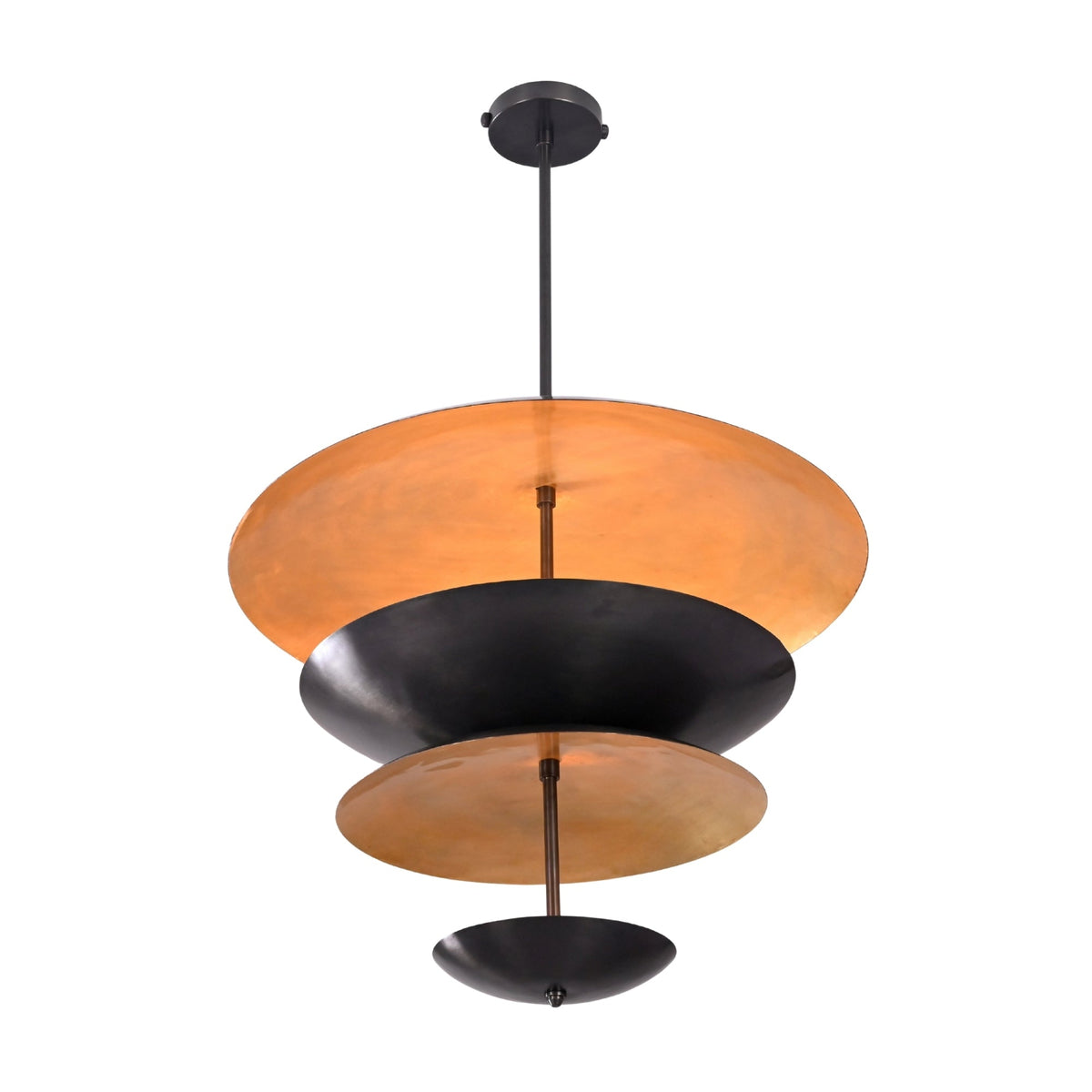 Underside view of Noir Tiered Disc Chandelier showing stacked circular shades and warm inner glow.