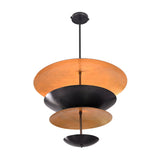 Underside view of Noir Tiered Disc Chandelier showing stacked circular shades and warm inner glow.