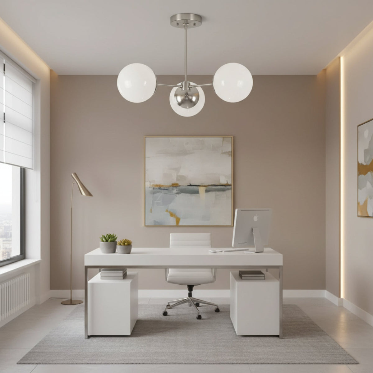 Notting Hill 3 light opal globe chandelier shown from an angled view with white spherical glass shades and silver-tone metal frame.