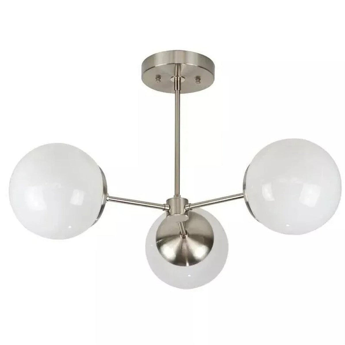 Notting Hill 3 light Mid-Century Modern chandelier shown in a close product view with opal white globe shades and polished silver-tone frame.