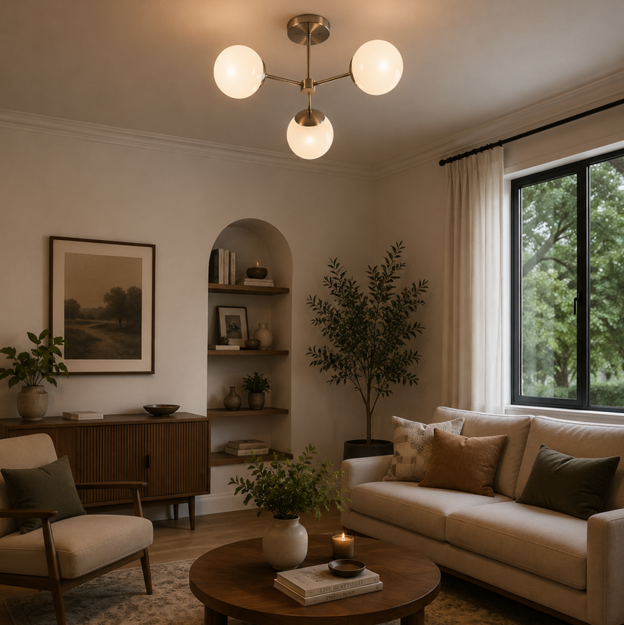 Notting Hill 3 light opal globe chandelier illuminated in a warm Mid-Century Modern living room with contemporary furnishings.