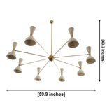 Spatula-style chandelier with eight cream-colored cone-shaped shades and a brass central hub and arms, shown with dimension lines indicating a width of 59.9 inches and a height of 43.