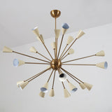 Front view of the Orion 24-Light Mid-Century Sputnik Chandelier featuring handcrafted tapered cone shades, a solid brass frame, and a sculptural starburst design.