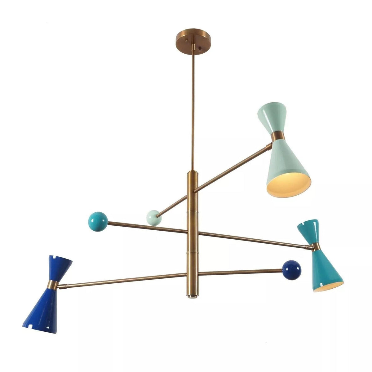 Angled view of Orion 3 light colorblock Sputnik chandelier with sculptural brass arms and multicolor shades