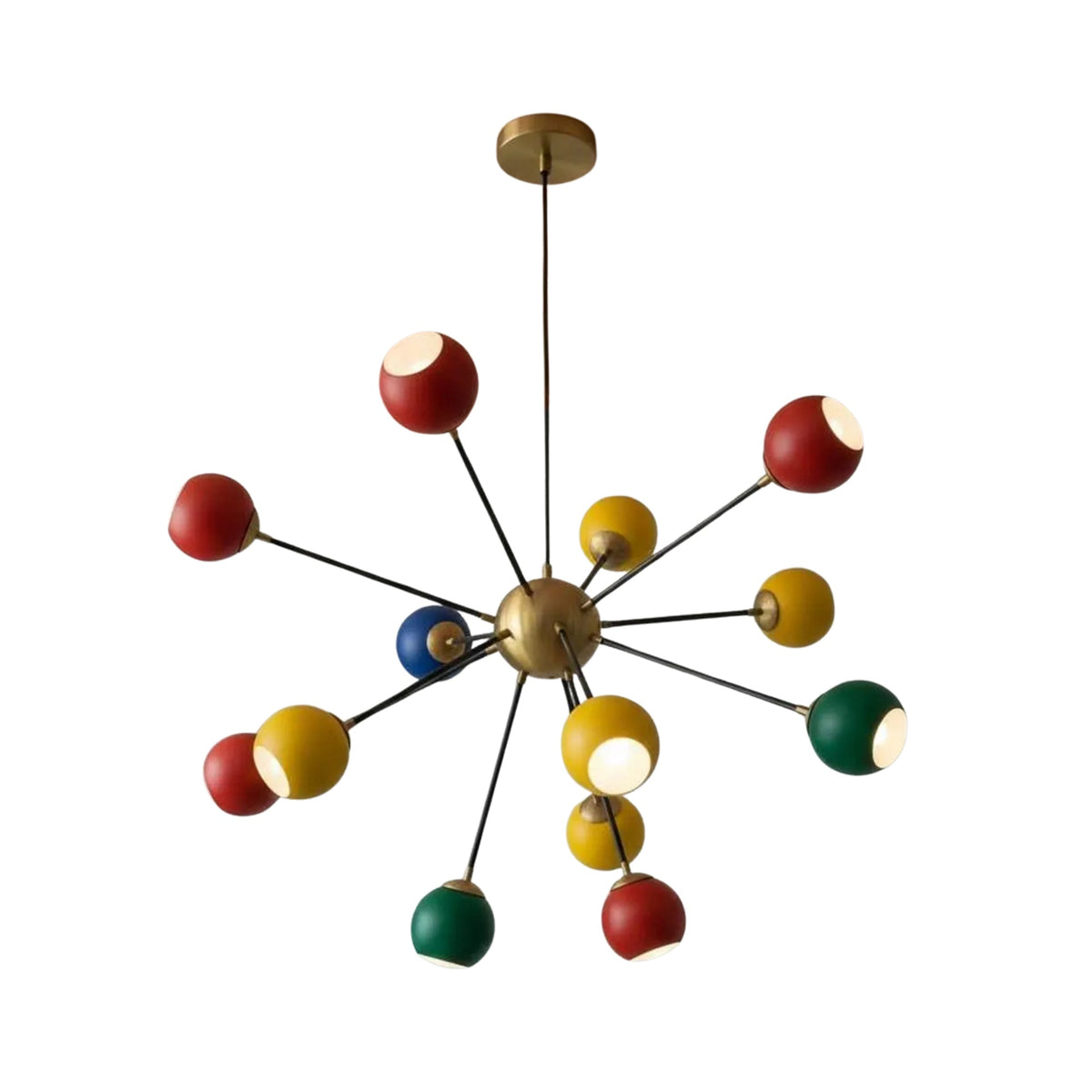 Angled front view of the Orion multicolor Sputnik chandelier with thirteen colorful globe shades and a handcrafted brass central hub.