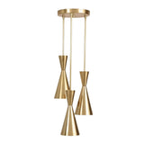 Orion Mid-Century Modern triple pendant chandelier featuring three brass hourglass shades suspended from a round canopy.