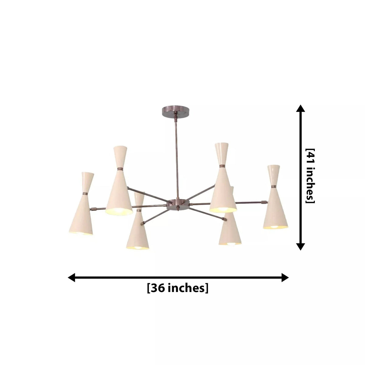 Osaka 6 light double-cone chandelier dimension view showing 36 inch width and 41 inch overall height.
