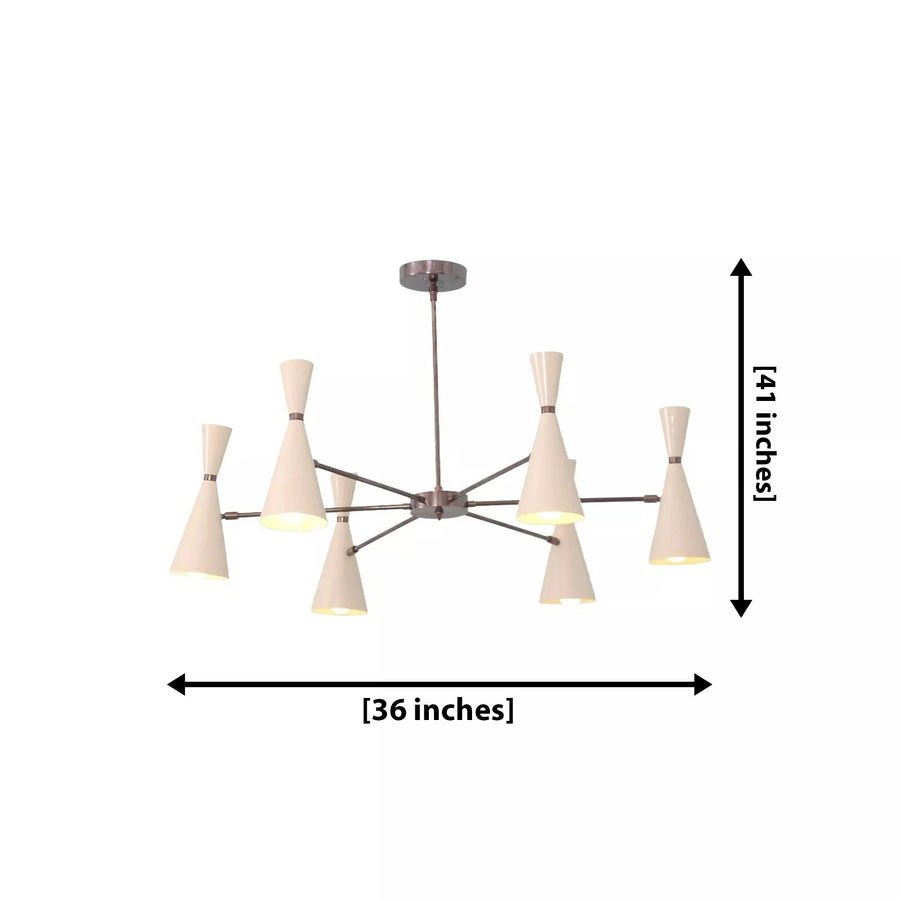 Osaka 6 light Mid-Century Modern chandelier shown from the front with sculptural white double-cone shades and radial metal arms.