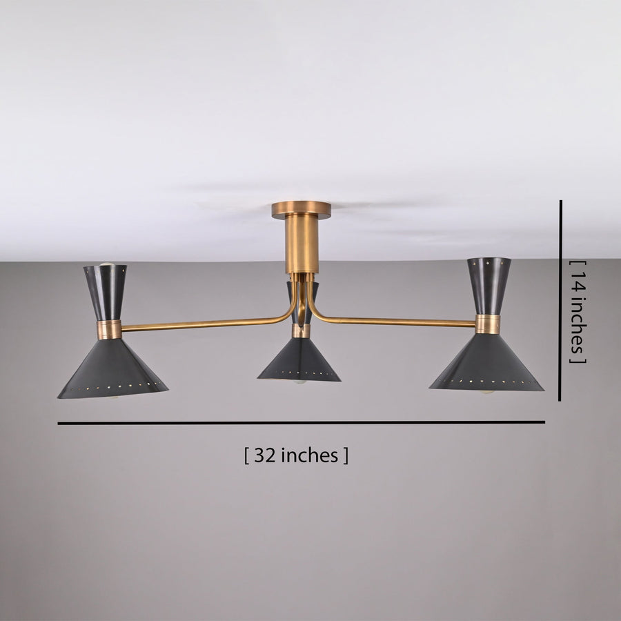 Oslo Cone Arm Chandelier installed above a round dining table in a warm modern dining room.