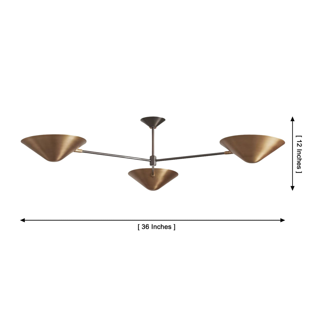 Oslo three cone chandelier dimensions showing 36 inch width and 12 inch height