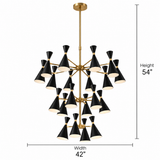 Oslo 20 light tiered chandelier dimension view showing 42 inch width and 54 inch height with black cone shades and brass-tone frame.