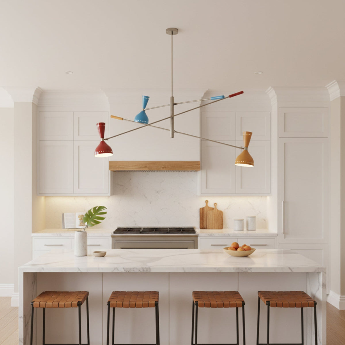 Oxford 6 light Mid-Century Modern multi-arm chandelier shown from the front with colorful metal shades and an asymmetrical frame.