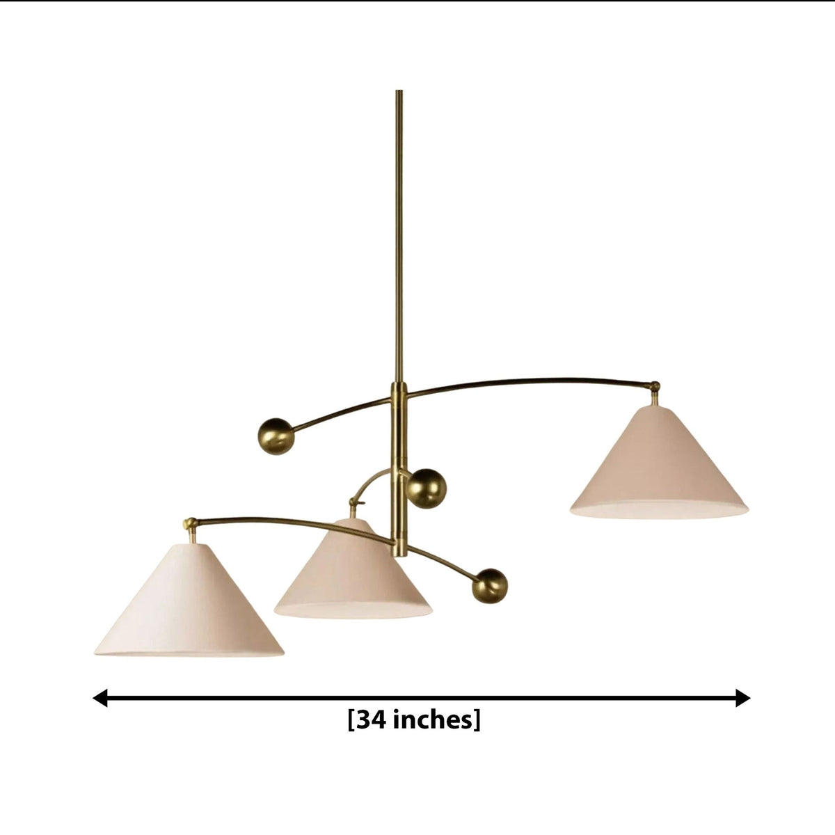 Palm Springs 3 light counterbalance cone chandelier dimension view showing an overall width of 34 inches.