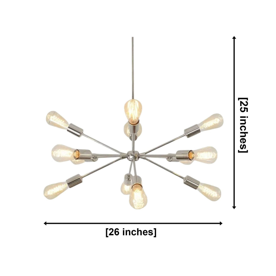 Paris 12 light polished metal Sputnik chandelier shown from the front with illuminated Edison bulbs.