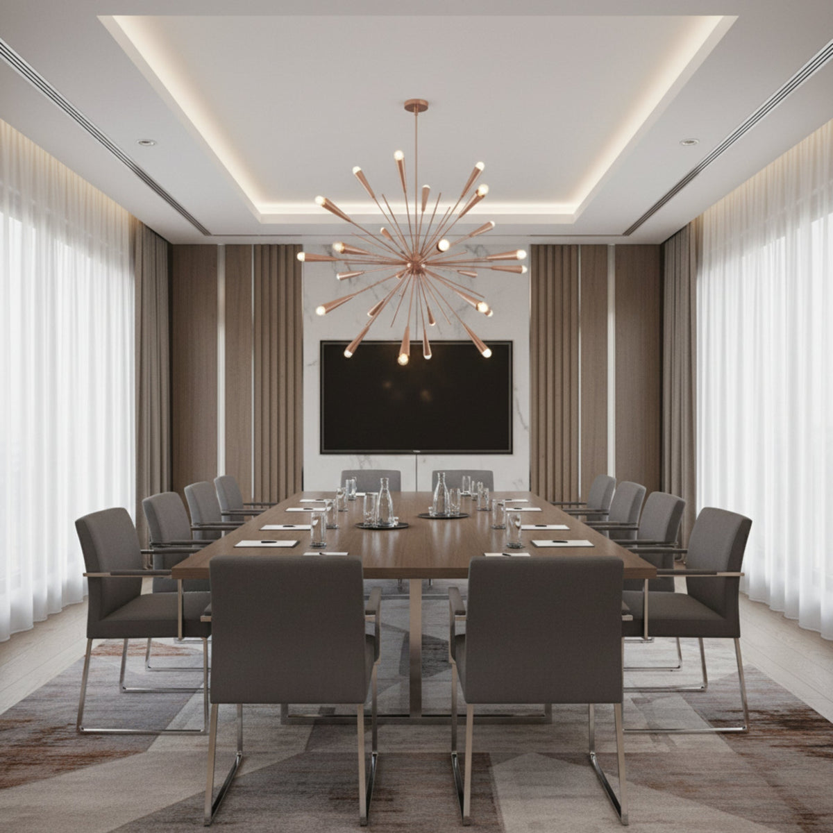 Pasadena 24 light starburst chandelier shown from an angled view highlighting elongated tapered holders and multi-directional arms.