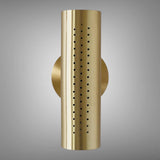 Front view of perforated brass cylinder wall sconce with round backplate on a gray background.