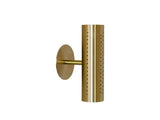 Side angled view of perforated brass cylinder wall sconce showing round backplate and perforated tube on a white background.