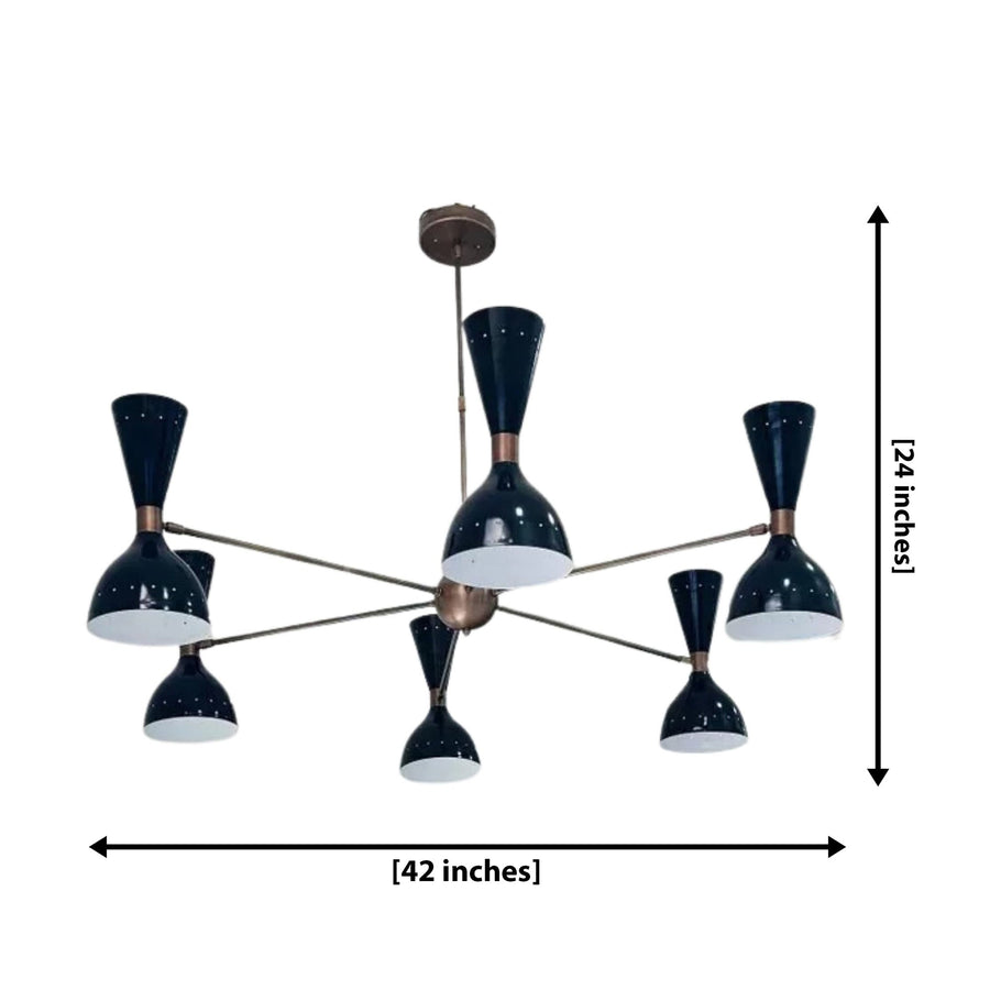 Portland 12 light Mid-Century Modern chandelier shown from the front with black double-cone shades and warm metallic radial arms.