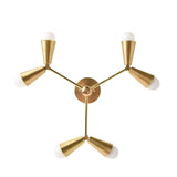 Porto 6 light brass-tone chandelier shown from below highlighting the sculptural cone holders and balanced multi-arm arrangement.