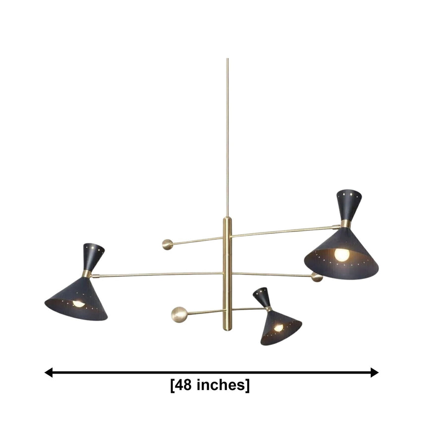 Portofino 3 light black perforated cone chandelier with brass finish shown from the front with illuminated bulbs.