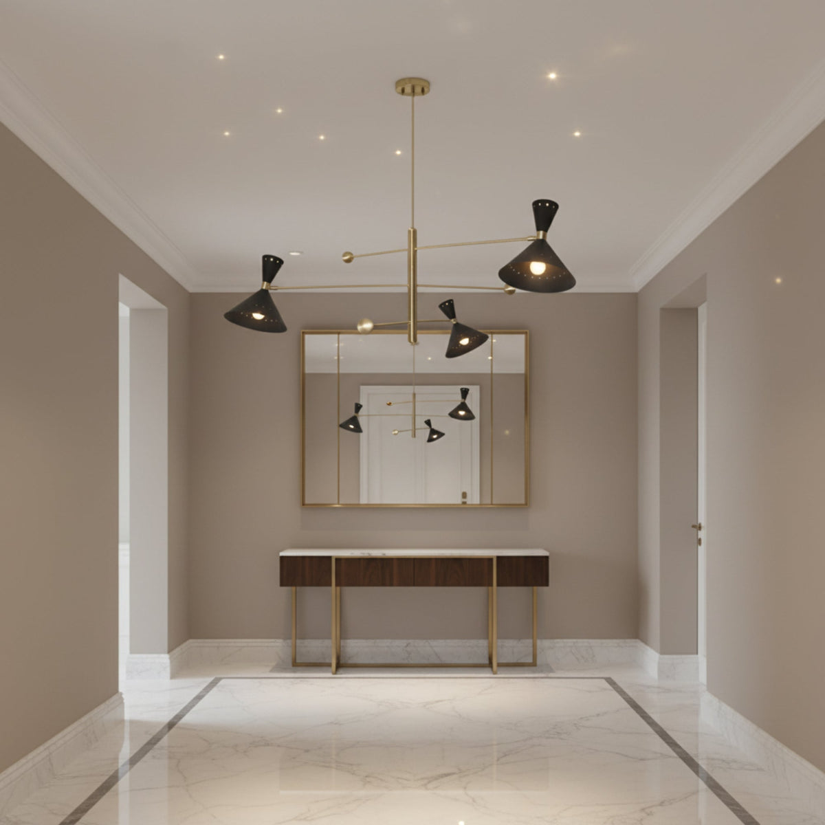 Portofino 3 light sculptural chandelier with brass linear arms, black perforated cone shades, and warm illuminated bulbs.