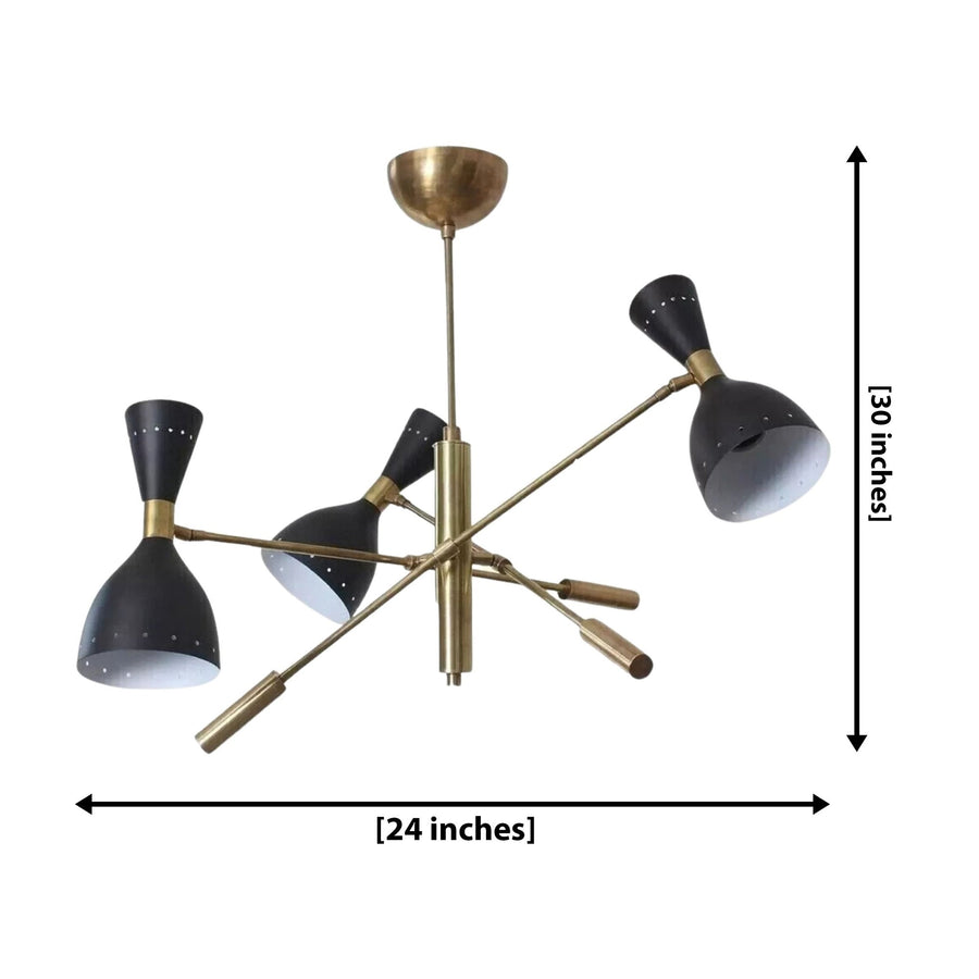 Queenstown 6 light Mid-Century Modern chandelier shown from the front with black perforated cone shades and brass-tone sculptural arms.