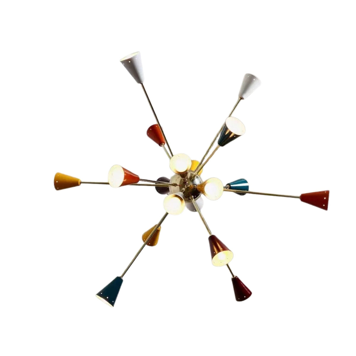 Reykjavik 18 light multicolor cone shade Sputnik chandelier shown from below highlighting its radial starburst arm design.