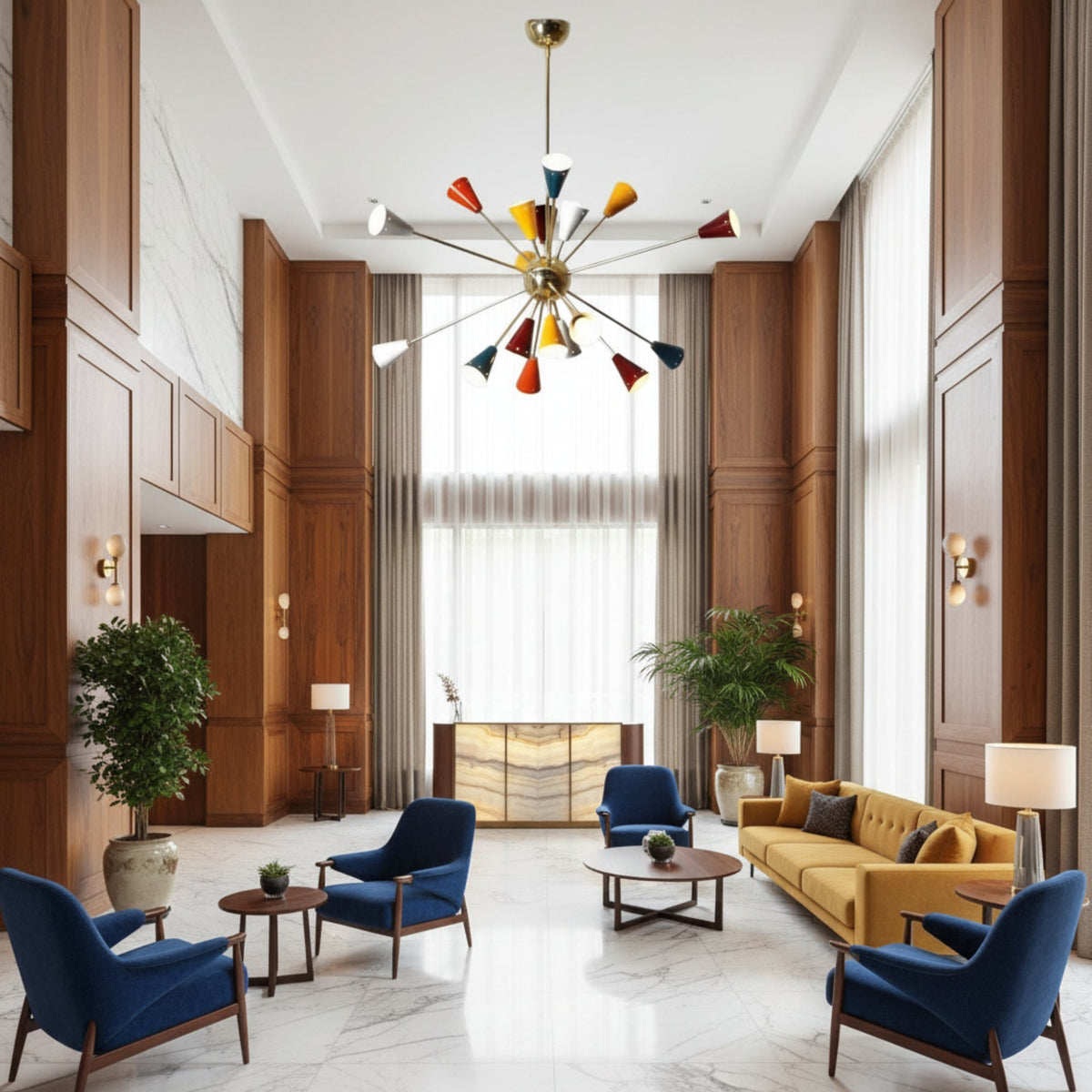 Reykjavik 18 light brass tone Sputnik chandelier with colorful tapered cone shades on a white background.