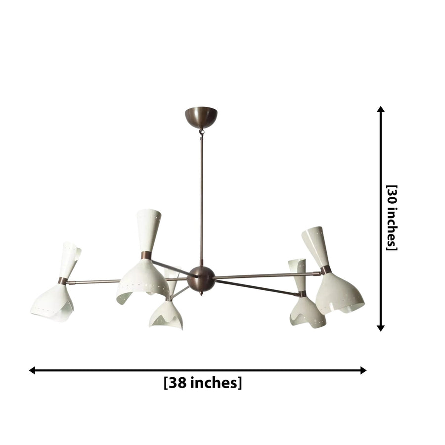 Rhodes 10 light ivory sculptural multi-arm chandelier displayed in a modern home office with warm ambient lighting.