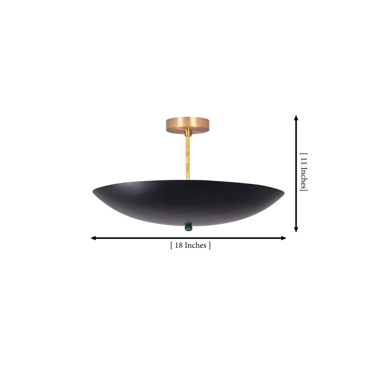 Dimension diagram of Rome Disc semi-flush ceiling light showing 18-inch width and 11-inch height.