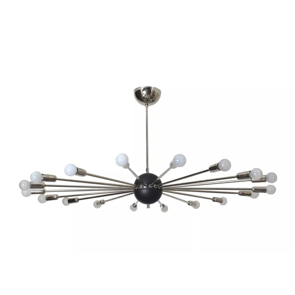Rome 18 light starburst chandelier shown from the front with polished silver-tone arms, black spherical hub, and globe bulbs.