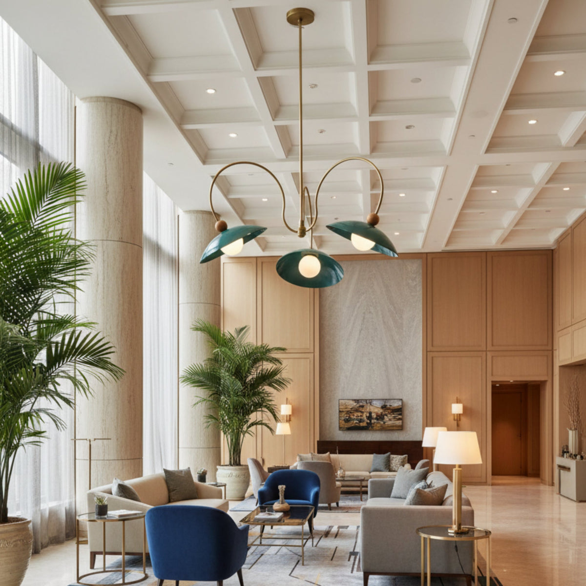 Rouen 3 light teal dome chandelier shown from below highlighting the wide metal shades, globe bulbs, and sculptural curved arms.