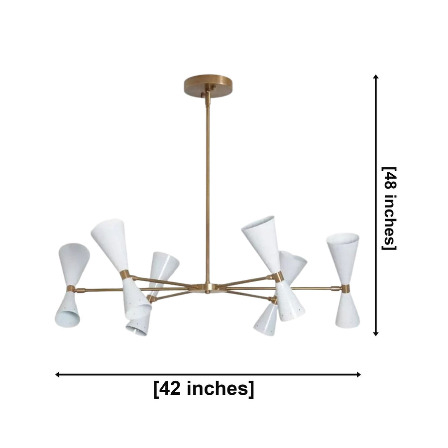 Santander 12 light brass and white cone chandelier illuminated above a modern dining table in an elegant dining room.