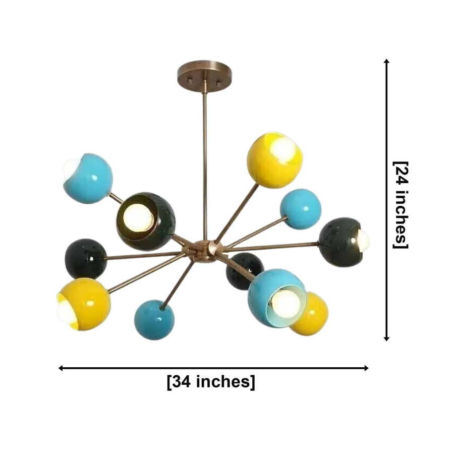 Santorini 12 light colorful globe Sputnik chandelier illuminated in a stylish Mid-Century Modern living room.